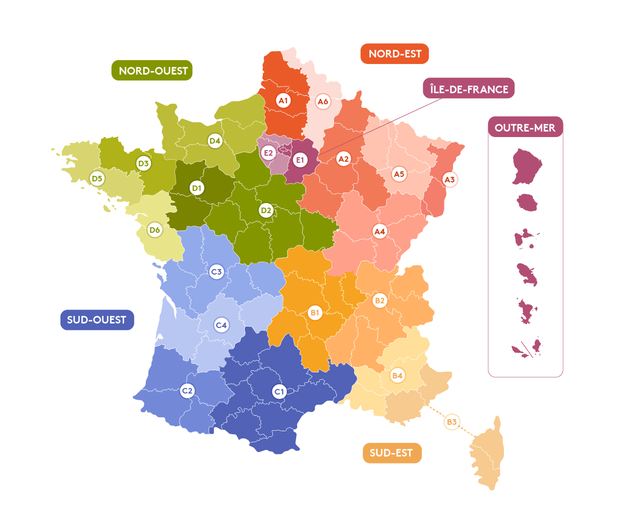 Map de la France et répartion des sections de rattacheemnt